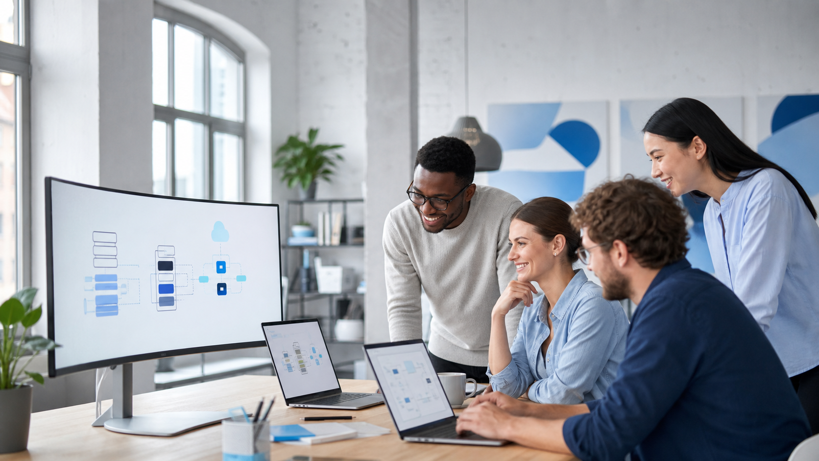 Equipo de desarrollo colaborando en una oficina moderna